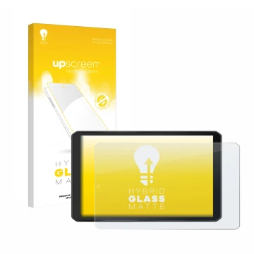 Parte frontal de un envase de producto con el logotipo de la marca upscreen. Al lado se muestra el dispositivo Garmin Camper 8