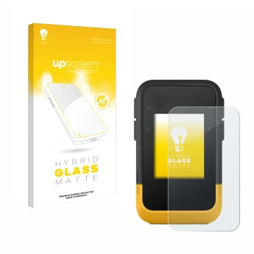 Parte frontal de un envase de producto con el logotipo de la marca upscreen. Al lado se muestra el dispositivo Garmin eTrex SE