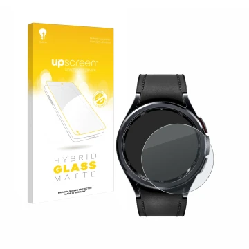 Parte frontal de un envase de producto con el logotipo de la marca upscreen. Al lado se muestra el dispositivo Samsung Galaxy 