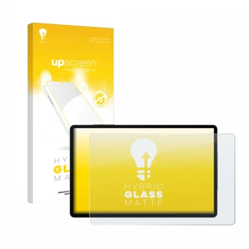 Parte frontal de un envase de producto con el logotipo de la marca upscreen. Al lado se muestra el dispositivo Samsung Galaxy 