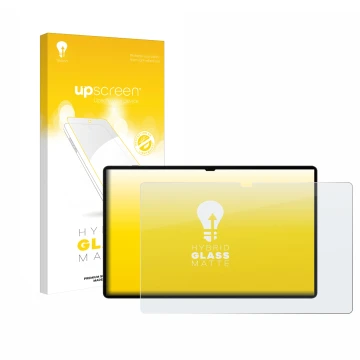 Parte frontal de un envase de producto con el logotipo de la marca upscreen. Al lado se muestra el dispositivo Samsung Galaxy 