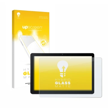 Parte frontal de un envase de producto con el logotipo de la marca upscreen. Al lado se muestra el dispositivo Acer Iconia Tab