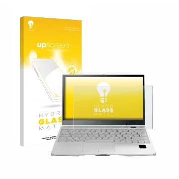 Parte frontal de un envase de producto con el logotipo de la marca upscreen. Al lado se muestra el dispositivo Fujitsu Lifeboo