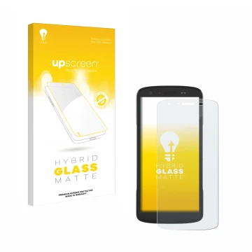 Parte frontal de un envase de producto con el logotipo de la marca upscreen. Al lado se muestra el dispositivo Zebra TC27 con 