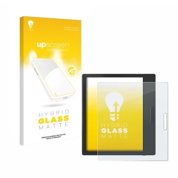 Parte frontal de un envase de producto con el logotipo de la marca upscreen. Al lado se muestra el dispositivo Boox Page con s