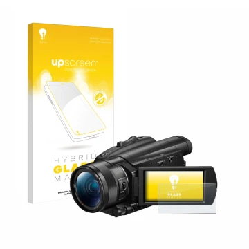 Parte frontal de un envase de producto con el logotipo de la marca upscreen. Al lado se muestra el dispositivo Sony FDR-AX700 