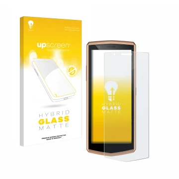 Parte frontal de un envase de producto con el logotipo de la marca upscreen. Al lado se muestra el dispositivo Cubot Pocket 3 