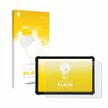 Parte frontal de un envase de producto con el logotipo de la marca upscreen. Al lado se muestra el dispositivo Oukitel RT5 con