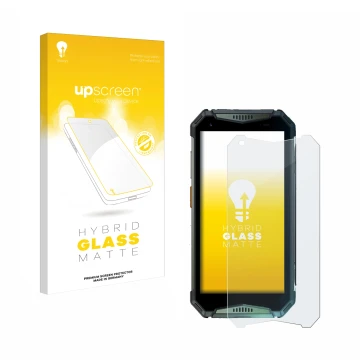 Parte frontal de un envase de producto con el logotipo de la marca upscreen. Al lado se muestra el dispositivo Ulefone Armor 2