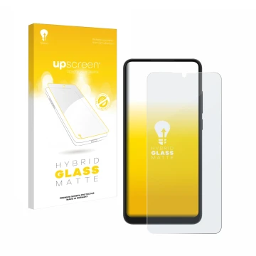 Parte frontal de un envase de producto con el logotipo de la marca upscreen. Al lado se muestra el dispositivo ZTE Blade A52 c