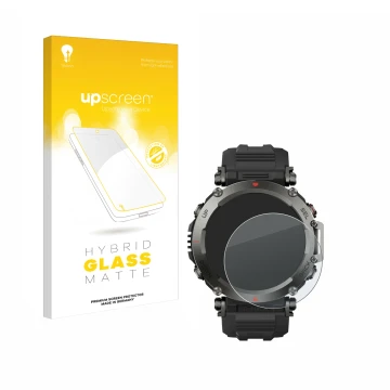 Parte frontal de un envase de producto con el logotipo de la marca upscreen. Al lado se muestra el dispositivo Huami Amazfit T