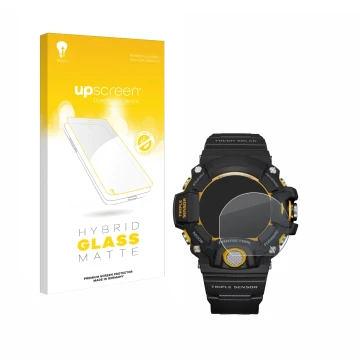 Parte frontal de un envase de producto con el logotipo de la marca upscreen. Al lado se muestra el dispositivo Casio G-Shock G