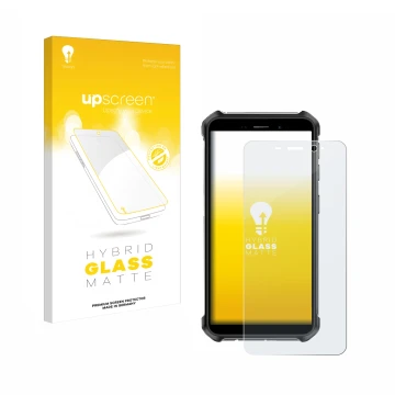 Parte frontal de un envase de producto con el logotipo de la marca upscreen. Al lado se muestra el dispositivo Ulefone Armor X