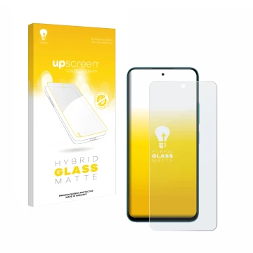 Parte frontal de un envase de producto con el logotipo de la marca upscreen. Al lado se muestra el dispositivo Xiaomi Poco M6 