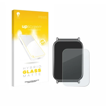 Parte frontal de un envase de producto con el logotipo de la marca upscreen. Al lado se muestra el dispositivo Xiaomi Mi Band 