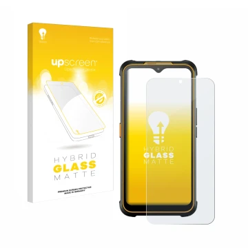Parte frontal de un envase de producto con el logotipo de la marca upscreen. Al lado se muestra el dispositivo AGM Glory G1S c
