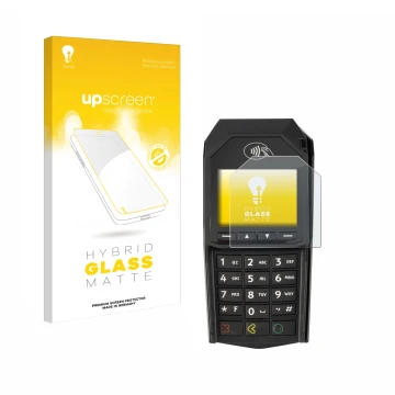 Parte frontal de un envase de producto con el logotipo de la marca upscreen. Al lado se muestra el dispositivo ingenico Lane/3