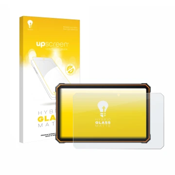 Parte frontal de un envase de producto con el logotipo de la marca upscreen. Al lado se muestra el dispositivo Blackview Activ