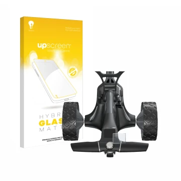 Parte frontal de un envase de producto con el logotipo de la marca upscreen. Al lado se muestra el dispositivo Motocaddy M7 GP