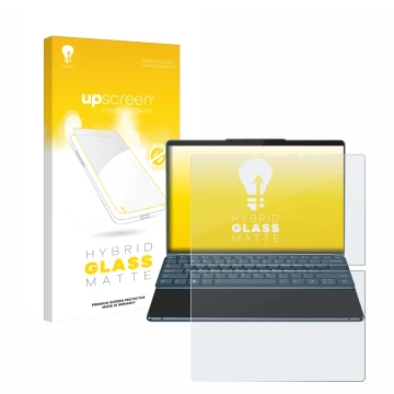 Parte frontal de un envase de producto con el logotipo de la marca upscreen. Al lado se muestra el dispositivo Lenovo Yoga Boo