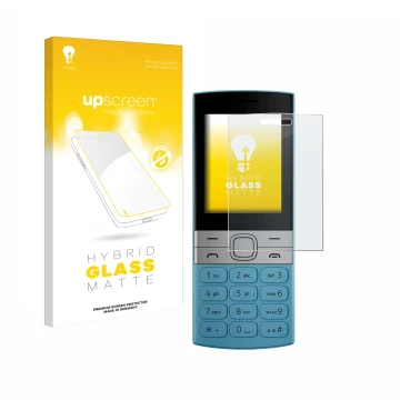 Parte frontal de un envase de producto con el logotipo de la marca upscreen. Al lado se muestra el dispositivo Nokia 150 (2023