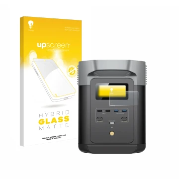 Parte frontal de un envase de producto con el logotipo de la marca upscreen. Al lado se muestra el dispositivo EcoFlow DELTA 2