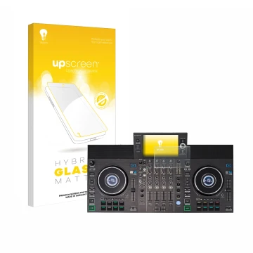 Parte frontal de un envase de producto con el logotipo de la marca upscreen. Al lado se muestra el dispositivo Denon DJ SC LIV