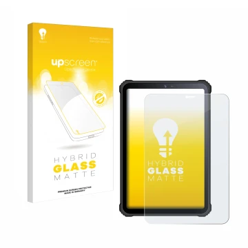 Parte frontal de un envase de producto con el logotipo de la marca upscreen. Al lado se muestra el dispositivo Oukitel RT3 con