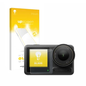 Parte frontal de un envase de producto con el logotipo de la marca upscreen. Al lado se muestra el dispositivo DJI Osmo Action