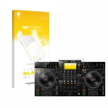 Parte frontal de un envase de producto con el logotipo de la marca upscreen. Al lado se muestra el dispositivo Pioneer XDJ -XZ