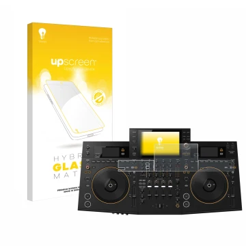 Parte frontal de un envase de producto con el logotipo de la marca upscreen. Al lado se muestra el dispositivo Pioneer OPUS-QU