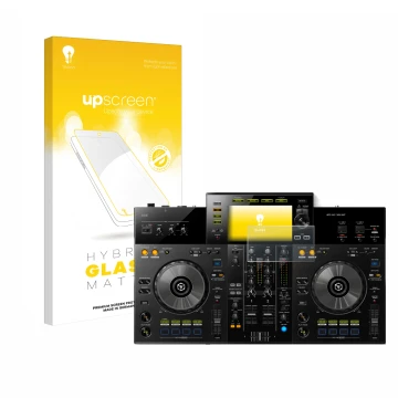 Parte frontal de un envase de producto con el logotipo de la marca upscreen. Al lado se muestra el dispositivo Pioneer XDJ -RR