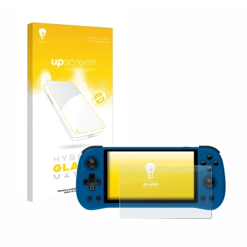 Parte frontal de un envase de producto con el logotipo de la marca upscreen. Al lado se muestra el dispositivo Powkiddy X55 co