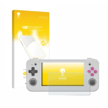 Parte frontal de un envase de producto con el logotipo de la marca upscreen. Al lado se muestra el dispositivo Anbernic RG505 