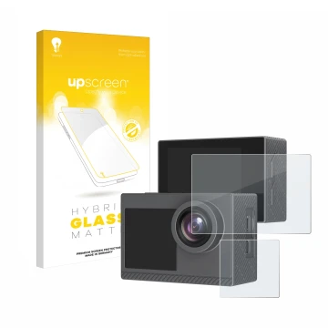 Parte frontal de un envase de producto con el logotipo de la marca upscreen. Al lado se muestra el dispositivo Akaso Brave 4 P