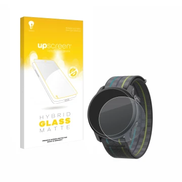 Parte frontal de un envase de producto con el logotipo de la marca upscreen. Al lado se muestra el dispositivo Coros Pace 3 co