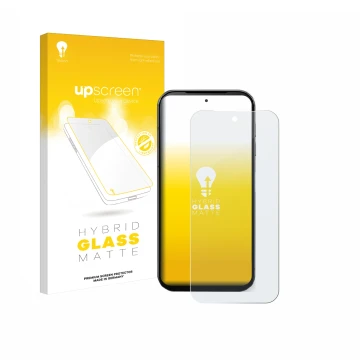Parte frontal de un envase de producto con el logotipo de la marca upscreen. Al lado se muestra el dispositivo Fairphone 5 con