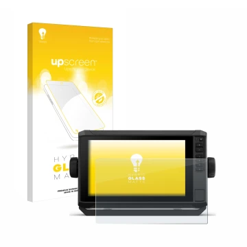 Parte frontal de un envase de producto con el logotipo de la marca upscreen. Al lado se muestra el dispositivo Garmin ECHOMAP 