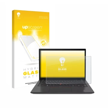 Parte frontal de un envase de producto con el logotipo de la marca upscreen. Al lado se muestra el dispositivo Lenovo ThinkPad