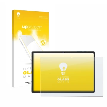 Parte frontal de un envase de producto con el logotipo de la marca upscreen. Al lado se muestra el dispositivo Oukitel OKT3 co