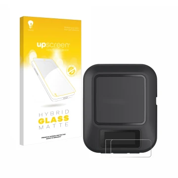 Parte frontal de un envase de producto con el logotipo de la marca upscreen. Al lado se muestra el dispositivo Garmin inReach 