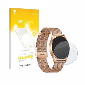 Parte frontal de un envase de producto con el logotipo de la marca upscreen. Al lado se muestra el dispositivo Xcoast X-Watch 