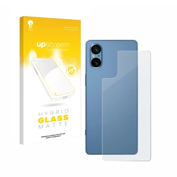Parte frontal de un envase de producto con el logotipo de la marca upscreen. Al lado se muestra el dispositivo Sony Xperia 5 V