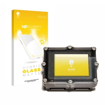 Parte frontal de un envase de producto con el logotipo de la marca upscreen. Al lado se muestra el dispositivo Shearwater Petr