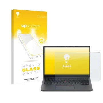 Parte frontal de un envase de producto con el logotipo de la marca upscreen. Al lado se muestra el dispositivo Lenovo ThinkPad