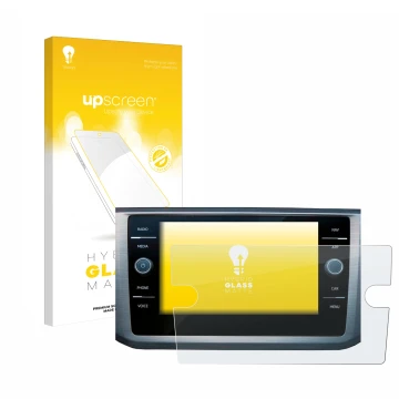 Parte frontal de un envase de producto con el logotipo de la marca upscreen. Al lado se muestra el dispositivo Volkswagen Pass