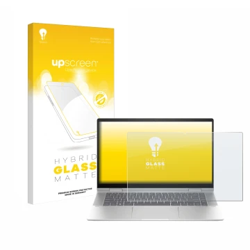 Parte frontal de un envase de producto con el logotipo de la marca upscreen. Al lado se muestra el dispositivo HP Envy x360 2-