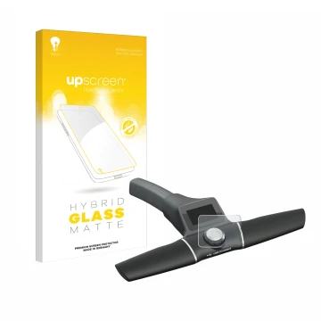 Parte frontal de un envase de producto con el logotipo de la marca upscreen. Al lado se muestra el dispositivo Motocaddy S1 El