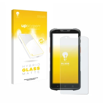 Parte frontal de un envase de producto con el logotipo de la marca upscreen. Al lado se muestra el dispositivo Sunmi L2H con s