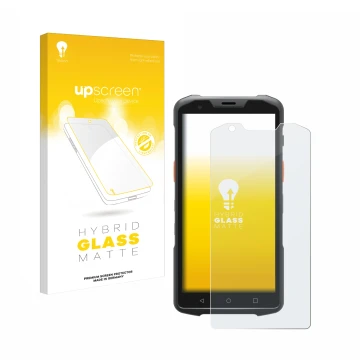 Parte frontal de un envase de producto con el logotipo de la marca upscreen. Al lado se muestra el dispositivo Sunmi L2s con s